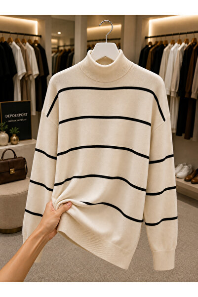 DepoExport Women's Half-Throat Striped Knitwear Sweater Oversize Loose Design