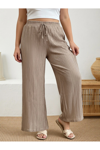 Take Two By Styli Plus Size Nude Textured Wide-Leg Trousers