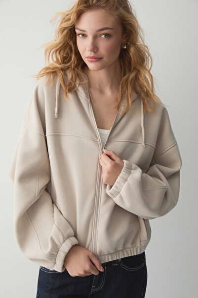 ETHIQUET VALIT Kadın Çift Cepli Eteği Ve Kol Ucu Lastikli Fermuarlı Oversize Taş Rengi Sweatshirt