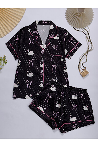 Take Two By Styli Black Graphic Print Shirt and Shorts Pajama Set