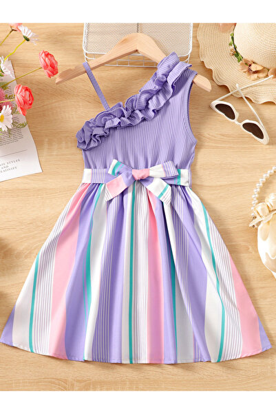 Take Two By Styli Girls Purple Striped Dress