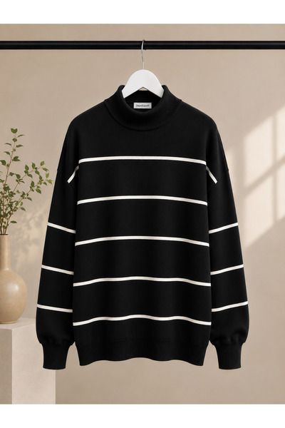 DepoExport Women's Half-Throat Striped Knitwear Sweater Oversize Loose Design