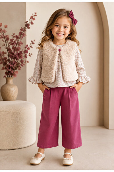 Alvadonna Plush Vest Floral Patterned Ruffle Shirt and Trousers Three-Piece G...