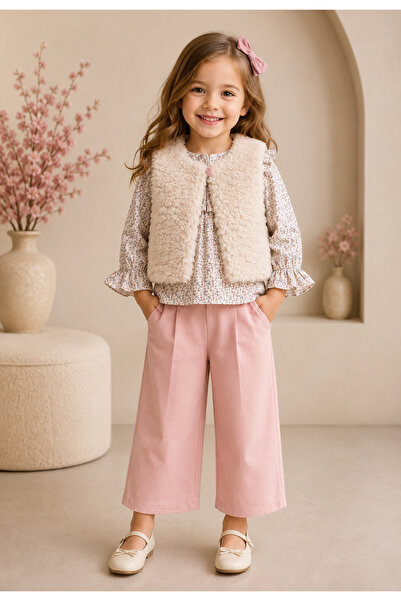 Alvadonna Plush Vest, Ruffle Detailed Blouse, Wide-Legged Pants, Girls' 3-Pie...