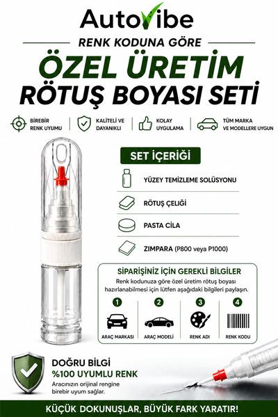 Araca Özel Renk Koduna Göre Rötuş Boyası Seti – İğne & Fırça Uçlu – Yüzey Temizleme, Rötuş Çeliği, Pasta Cila ve Zımpara