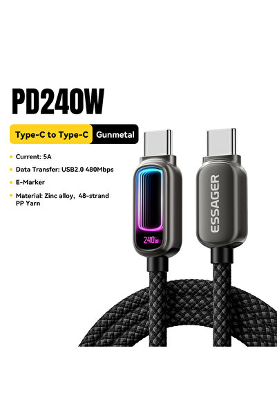 Choice14 1m Gunmetal Grey 240W Essager 240W USB C to USB C Cable 100W PD3.1 F...