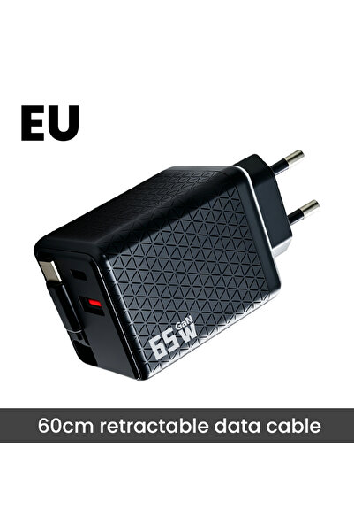 Choice Black EU 65W USB Charger With Retractable Type C Fast Charging Cable C...