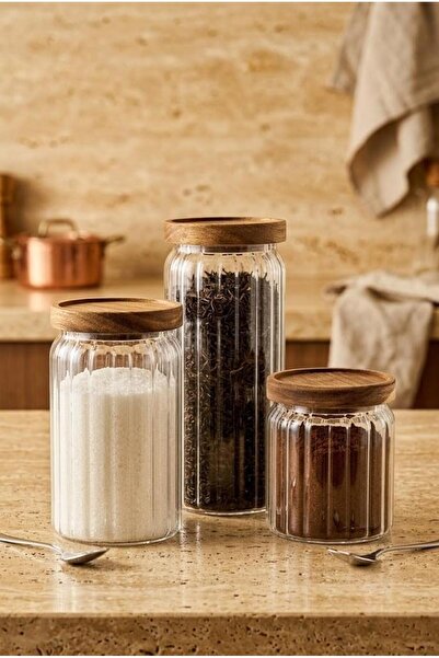 Atbyhome 3'lü Akasya Ahşap Vakum Kapaklı Çizgili Cam Kavanoz Seti 500-700-1000 ML - Oluklu Baharat Ve Kahve K
