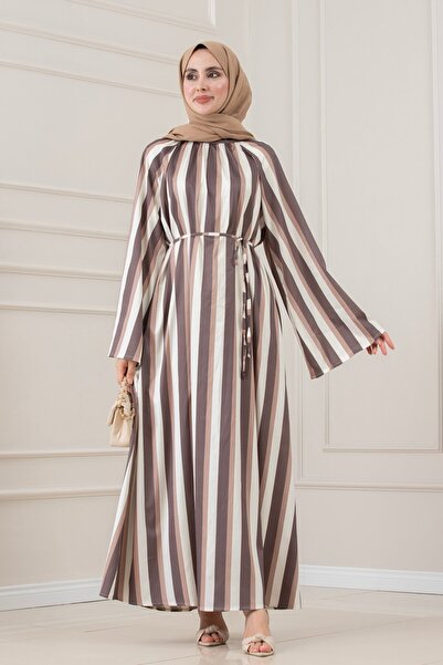 Sevitli Thick Striped High Collar Dress-Brown
