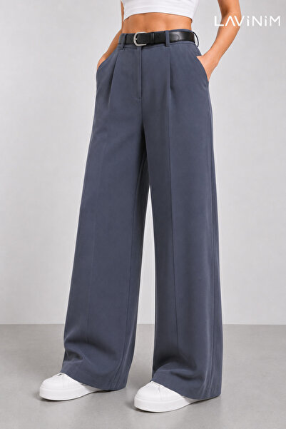 LAVİNİM Women's Belted Oversized Palazzo Women's Pants Belted