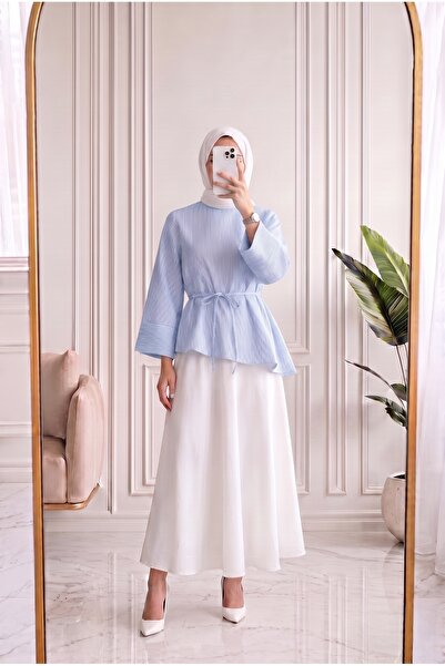 MİHRA STORE Ferhan Striped Asymmetrical Blouse-Ss13202 Blue