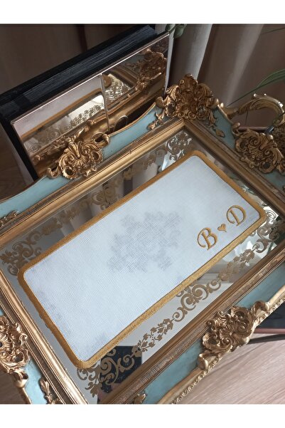 25x12cm harf işlemeli kalpli nişan & söz & kahve tepsi örtüsü