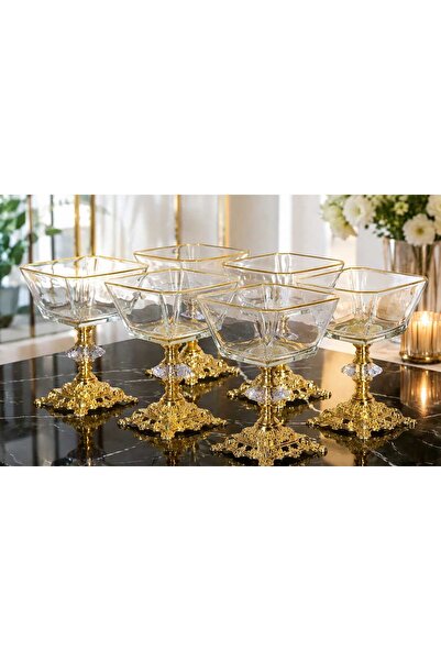 Buldem 6-Piece Gold Detailed Footed Glass Bowl Stylish Presentation Set Decor...