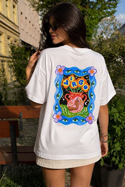 GIA - ART Women's Oversize T-Shirt Virgo Printed White – Crew Neck, Comfortab...