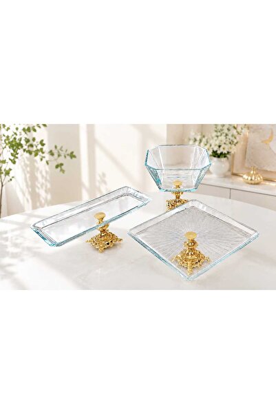 Buldem 3-Piece Glass Presentation Set with Gold Feet, Decorative Serving Dish...