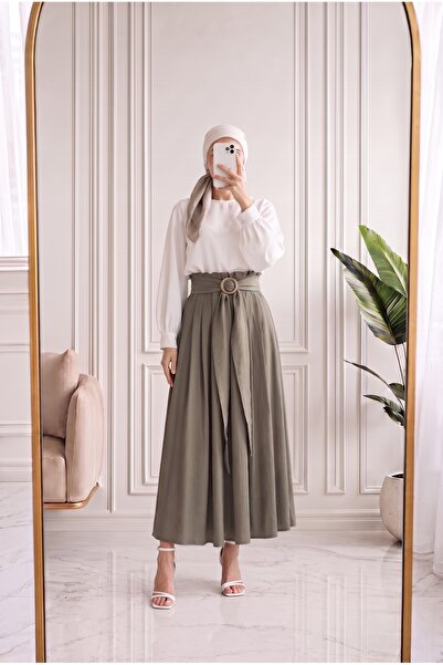 Holehola Nevrengiz Elastic Waist Belt and Buckle Detail Skirt-Ek1016 Green