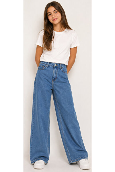 İrem Çocuk Giyim Girl's Wide Leg Model Jeans with Elastic Waist and Zipper Cl...