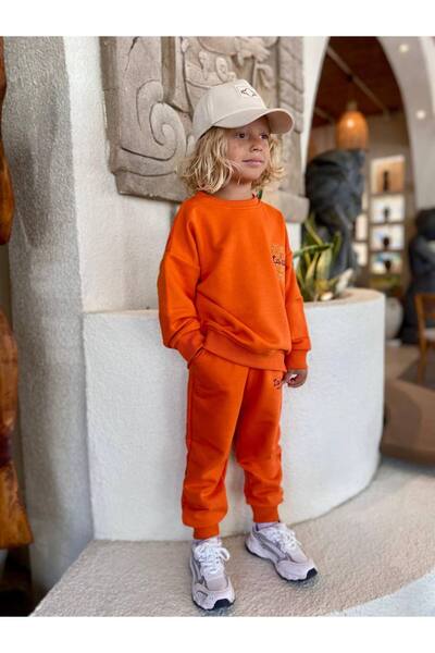 MODA Erkek Çocuk Turuncu Basic Eşofman Takımı Sweatshirt Jogger Alt Üst Takım...