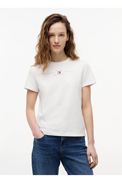 Tommy Jeans Beyaz Kadın Bisiklet Yaka Baskılı T-Shirt DW0DW22789YBL