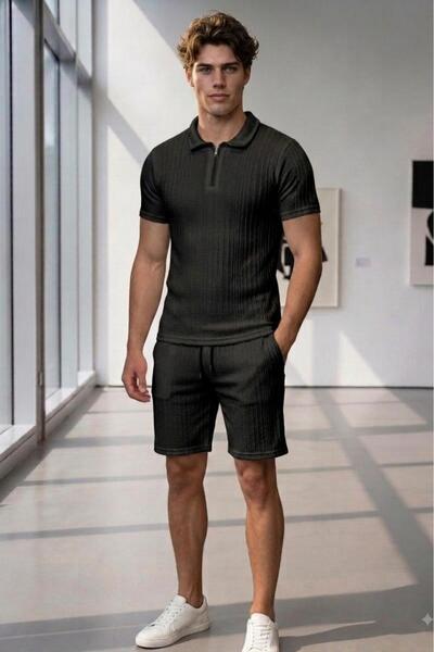 NO 601 Men's Black Olimpos Twisted Fabric Zippered Collared Tshirt Shorts Set