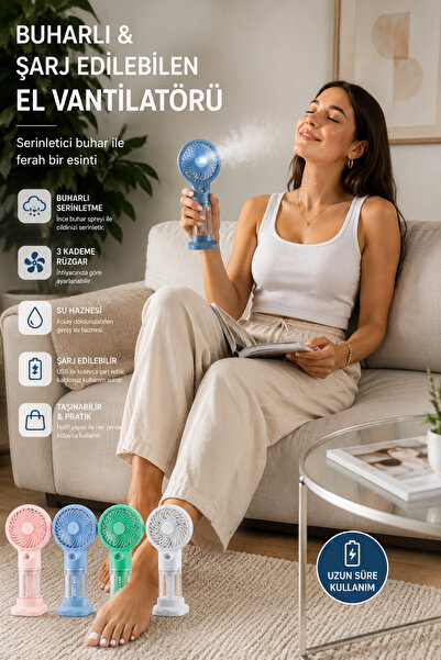 Mecra Life Buharlı El Vantilatörü Şarj Edilebilir USB Taşınabilir Mini Fan – ...