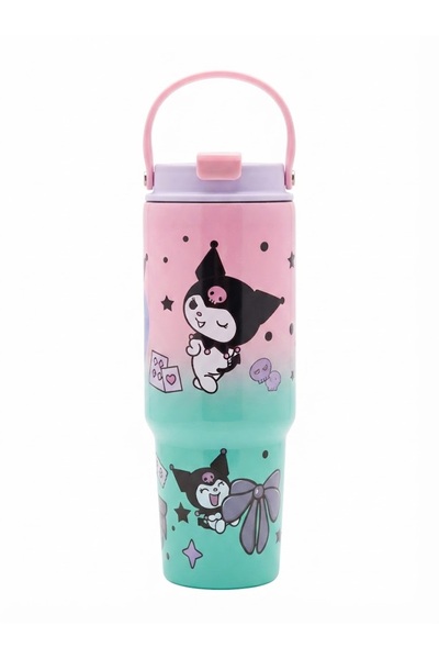 Bionic Kuromi Character Water Bottle with Handle, Cute Pink & Mint Gradient R...