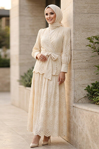 Neva Style Drapeli Kuşaklı Fisto Bej Tesettür İkili Takım 50071BEJ