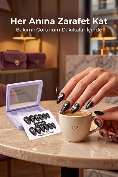 MUJGAN 12’li Takma Tırnak Seti Nail Art Desenli Parlak Görünüm Siyah Renk