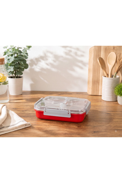AROW Freshbox Paslanmaz Çelik 3 Bölmeli Yemek Kabı Kırmızı 600ml