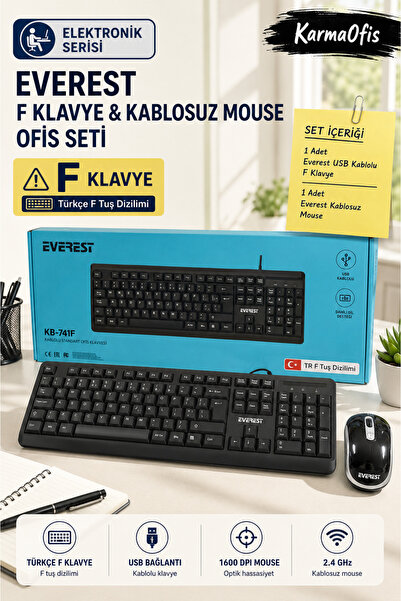 Everest F Klavye ve Kablosuz Mouse Seti | USB Kablolu Türkçe F Klavye 1600 DP...
