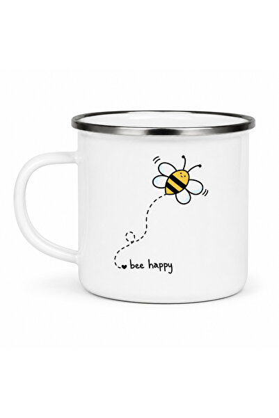 OEM Κούπα εμαγιέ  "Bee Happy ", εμαγιέ μεταλλική, λευκή