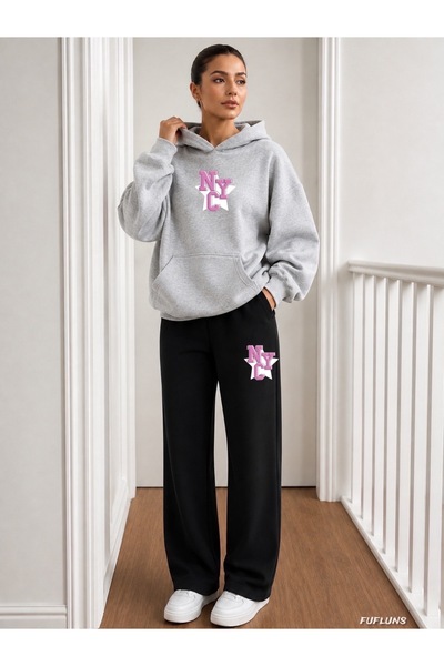 FUFLUNS Nyc Star Printed Men's Hooded Tracksuit Set