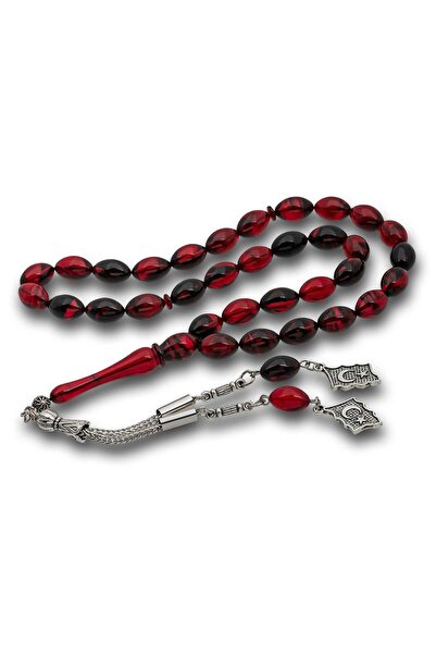 Inure Jewelry Red and Black Crimped Amber Prayer Beads with Metal Tassels