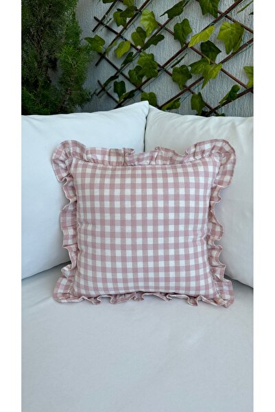 Decamor home Lina Vintage Ruffled Gingham Linen Powder Pink Throw Pillow Cove...