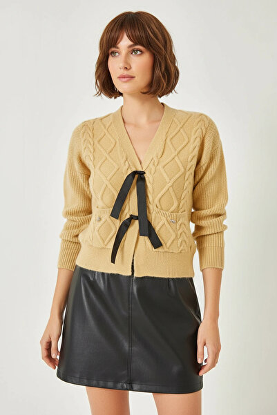 Generic Brand Women's Knitted Mink Cardigan with Bow Front and Pockets