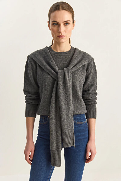 Generic Brand Women's Crew Neck Knitwear Anthracite Sweater with Scarf Access...