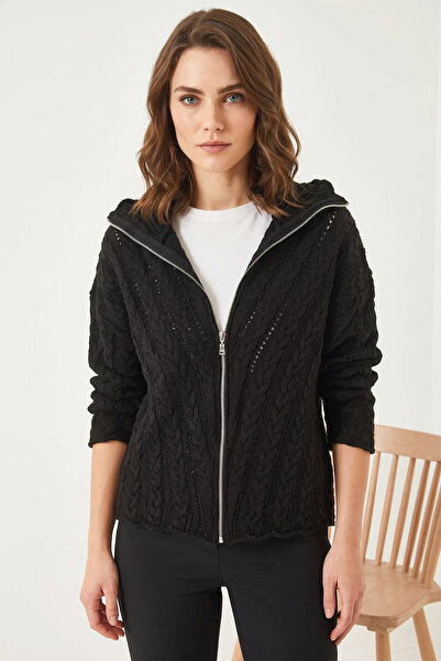 Generic Brand Women's Hair-Trimmed Zippered Knitwear Black Cardigan