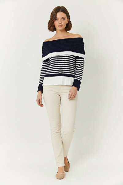 Generic Brand Women's Degaje Collar Striped Navy Blue White Sweater