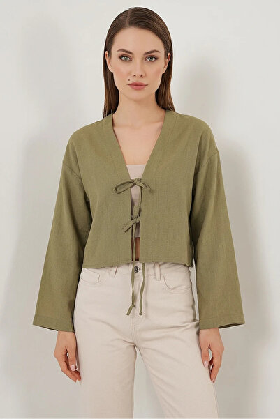 Generic Brand Women's Front-Tie Linen Green Çağla Kimono