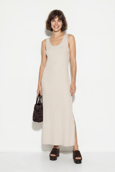 Efnaz style Women's Scarf Detailed Backless Slit Maxi Beige Dress