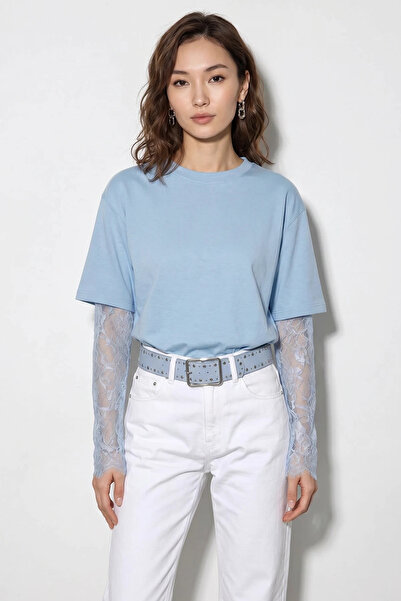 Efnaz style Women's Crew Neck Lace Sleeve Oversize Cotton t Shirt Baby Blue