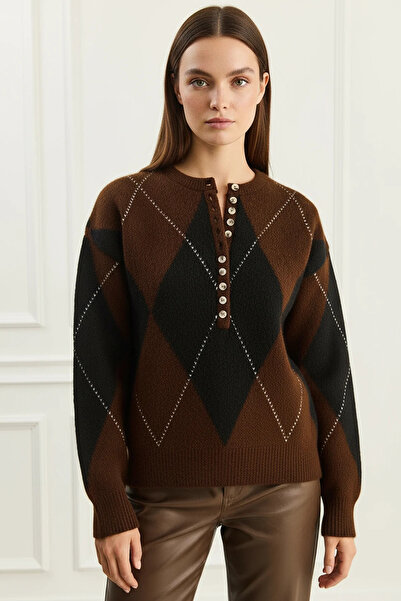 Efnaz style Women's Buttoned Diamond Patterned Basic Knitwear Brown Black Swe...