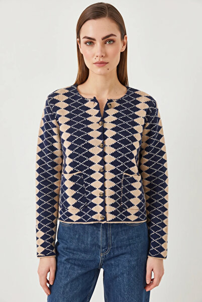 Şeker Portakalım Women's Side Diamond Patterned Knitwear Navy Blue Beige Card...