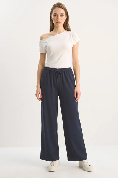 Efnaz style Women's High Waist Elastic Waist Tie Detail Pockets Loose Navy Bl...