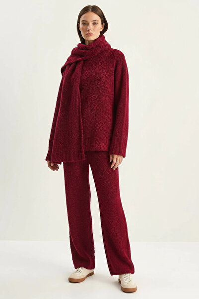 Efnaz style Women's Soft Textured Comfortable Cut Knitwear Burgundy Set