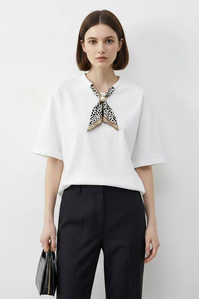 Generic Brand Women's Basic White T-Shirt with Buckle Scarf Detail