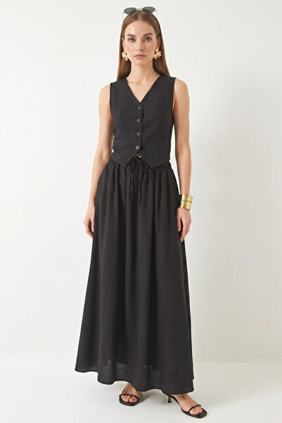 Generic Brand Women's Black Suit with Vest and Pocket Detail and Flared Skirt
