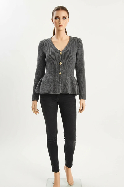 Generic Brand Women's Buttoned Waist Pleated Anthracite Cardigan
