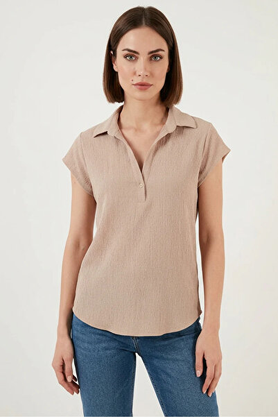 Şeker Portakalım Women's Polo Collar Buttoned Beige Blouse