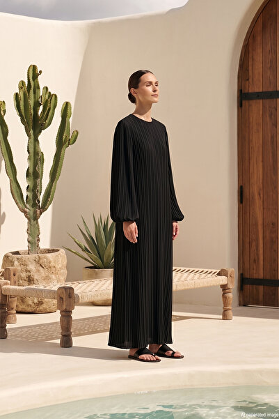 Nuss Pile Detailed Mobile Belted Dress 2051 Black